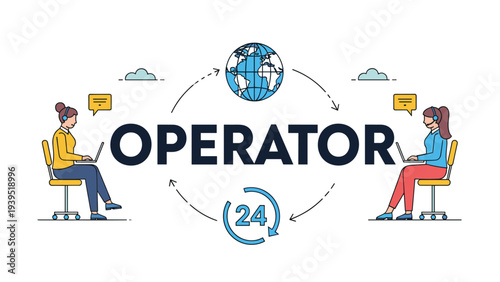 Two female operators working at laptops with a globe and a twenty four hour symbol for global customer support.