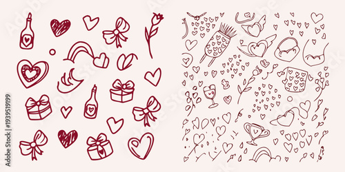 Hand drawn romantic doodles featuring hearts gifts and champagne bottles