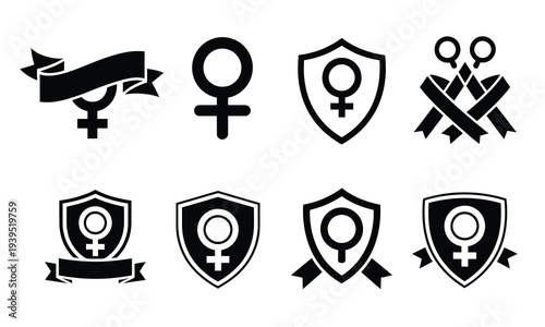 Collection of Female Gender Symbols and Ribbons, vector illustration set representing women’s rights, empowerment, gender equality, and feminist movements, isolated flat icons ideal for campaigns,