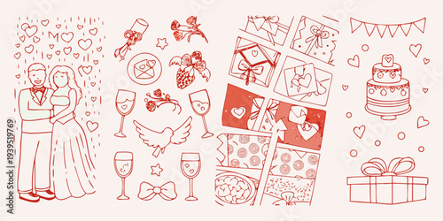 Hand drawn wedding elements including a couple gifts and celebratory icons