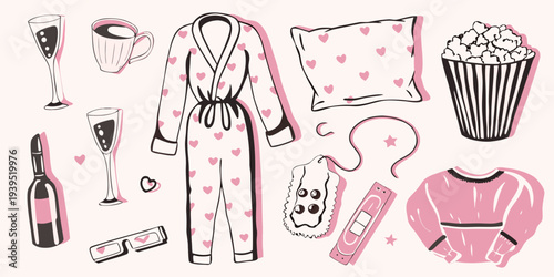 Cozy night in illustrations of self care items and relaxation objects
