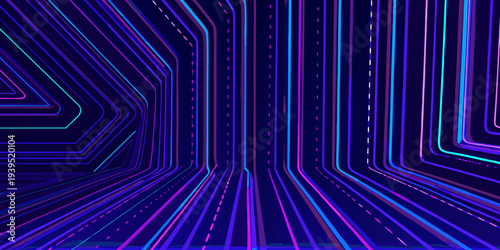 Abstract neon lines converge into a dark futuristic corridor