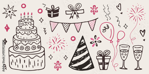 Hand drawn birthday illustrations with cakes gifts and celebratory elements