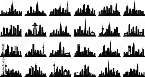 Global City Skyline Silhouette Collection Featuring Urban Architecture Famous Landmarks Skyscraper Horizons Metropolises Downtown District Profiles and Architectural Design Vectors