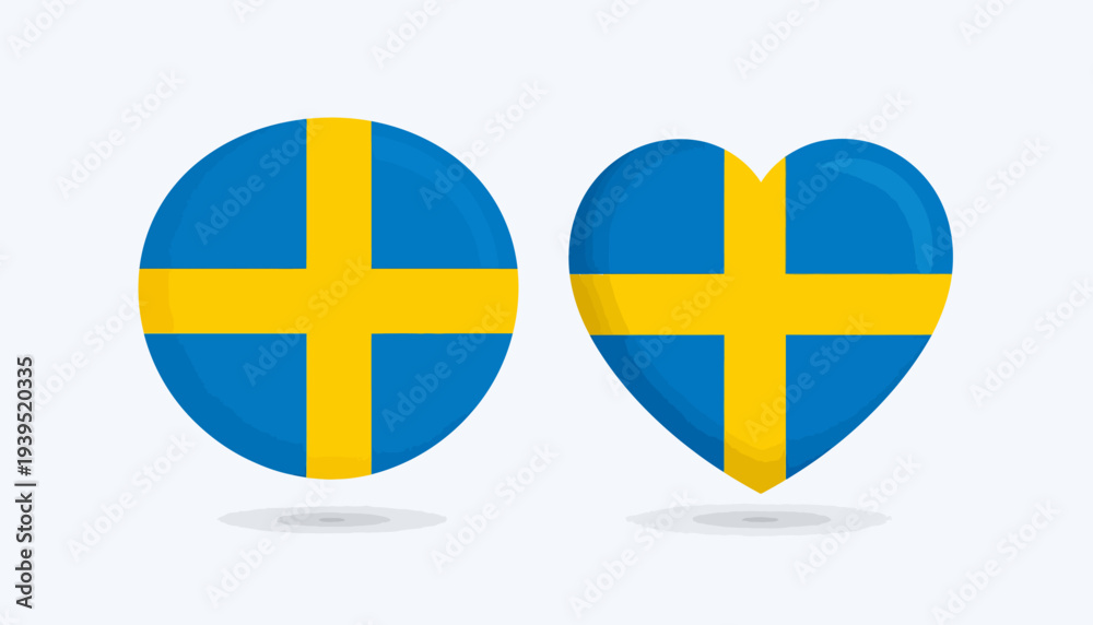 Obraz premium Round and Heart-Shaped Swedish Flags With a Golden Yellow Cross on a Blue Background - Vector Illustration