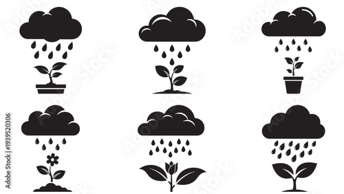 Rain Cloud Watering Single Plant Icon Sheet — Black Solid Symbol Representing Localized Rain Irrigation And Sustainable Gardening Watering