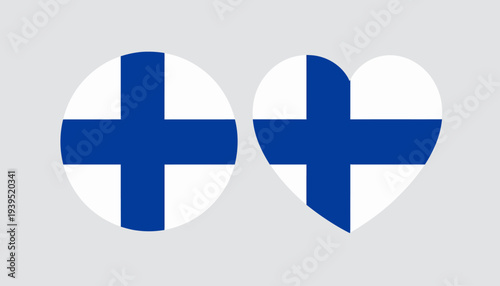 Stylized Finnish flag designs, featuring both a traditional circular emblem and a symbolic heart shape, representing national pride and affection for the country of Finland in a modern graphic style