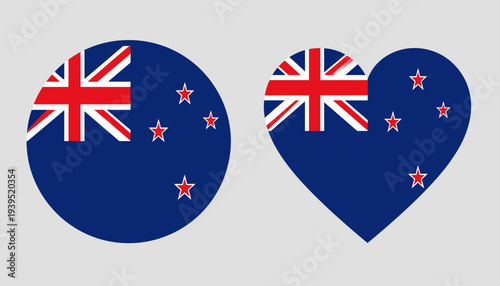 New Zealand Flag in Circular and Heart Shapes with Stars on a Blue Background