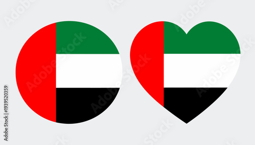 Emblematic UAE flag designs, presented in both a classic circular form and a heartfelt shape, celebrating the nation's pride, unity, and deep affection