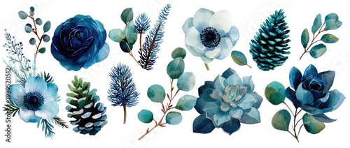 Watercolor collection of winter botanicals and pinecones in shades of blue