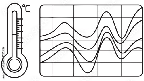Climate Data Dashboard With Thermometer And Trend Graph Lines — Black Solid Analytics Interface Icon For Environmental Monitoring And Reporting