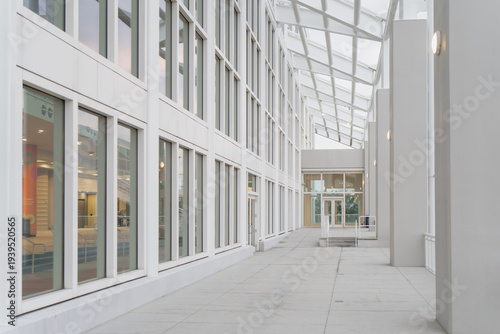 Fotografie Contemporary indoor walkway under glass canopy with repeating window grid, clean