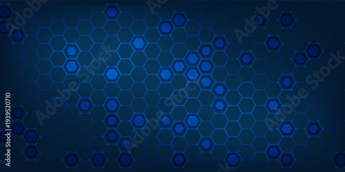Abstract hexagon blue background banner futuristic business data technology modern concept, polygon shape lines connecting link dark blue contrast