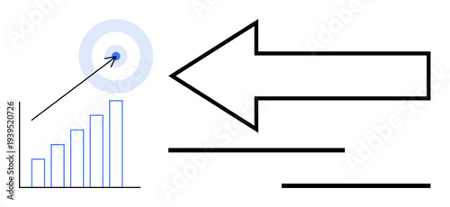 Business growth, success metrics, marketing strategies, goal setting, direction, financial analysis. Bar chart with target symbol and bold arrow. Growth and success metrics concept