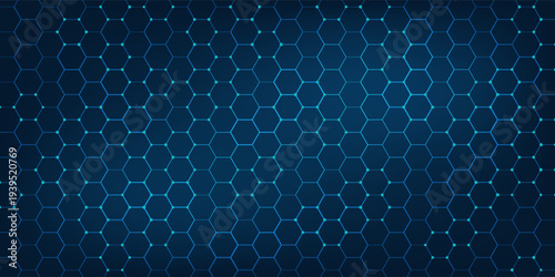 Abstract hexagon blue background banner futuristic business data technology modern concept, polygon shape lines connecting link dark blue contrast