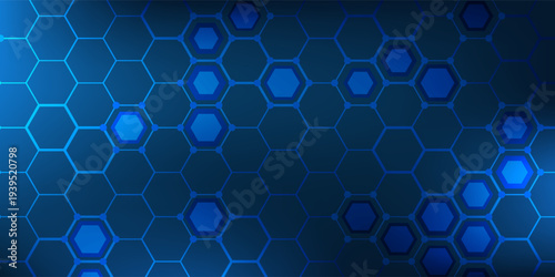 Abstract hexagon blue background banner futuristic business data technology modern concept, polygon shape lines connecting link dark blue contrast