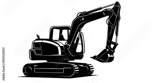 Black silhouette of an excavator with a bucket on a white background
