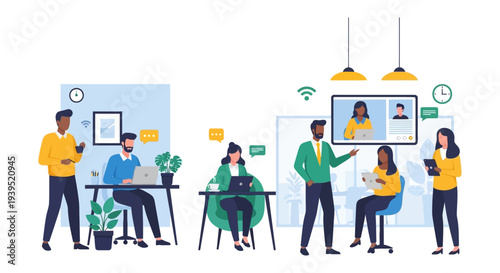 Hybrid Work Environment Collaboration and Digital Communication. Diverse Business Team in Modern Office and Remote Settings.