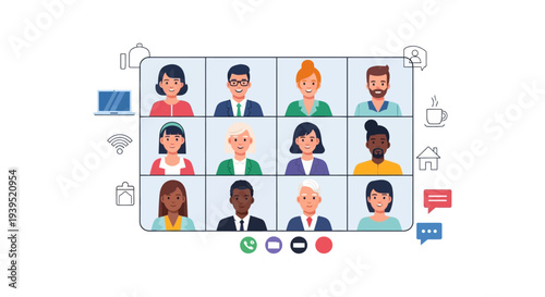 Diverse Team Video Conference Meeting Illustration: Remote Collaboration, Online Communication, and Digital Teamwork
