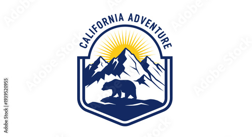 California Adventure Emblem: Bear, Mountains, Sun, Nature Logo