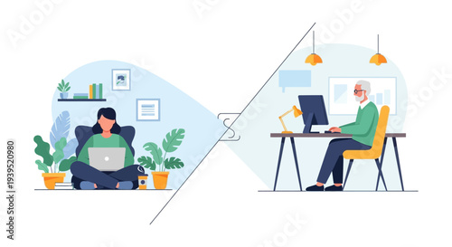 Remote Work vs. Office Job: Modern flexible work-from-home contrast with traditional corporate employment. Generational work styles and digital vs. physical workplaces.