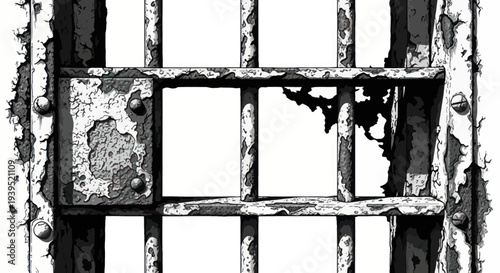 Grungy Prison Bars, Rusty Metal Jail Door, Symbol of Confinement and Injustice