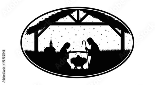 Nativity Scene Silhouette: Mary, Joseph, Baby Jesus, Stable, Starry Night