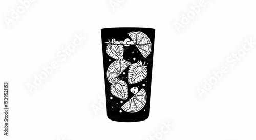 Tall black glass filled with slices of citrus and strawberries