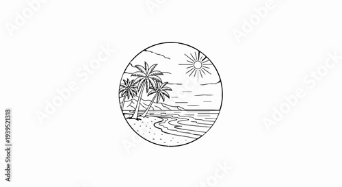 Tropical beach scene with palm trees, sun, ocean waves, and sandy shore