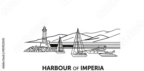 A lighthouse guards a harbor with sailboats and yachts against a mountain backdrop