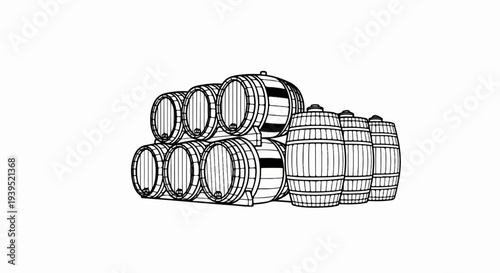 A group of wooden barrels stacked together in a storage area
