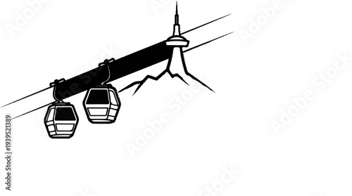 Two aerial tramway cabins suspended above stylized mountains and a tower