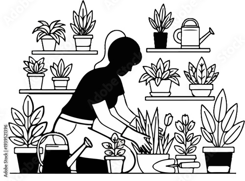 A person tends to a collection of potted plants indoors