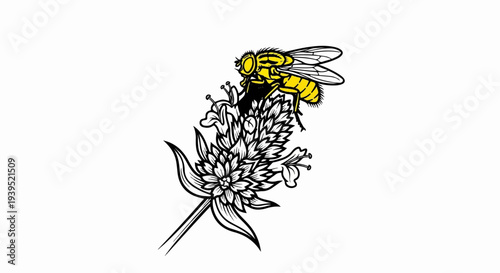 A yellow fly rests on a detailed black and white drawing of a flowering plant