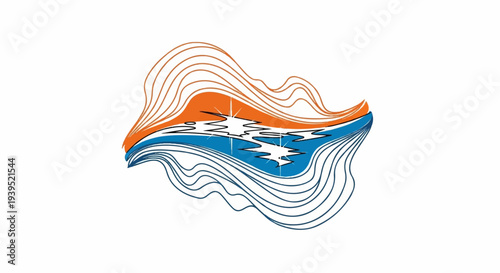 Abstract flowing lines create a layered effect with orange top, blue bottom, and bright reflection