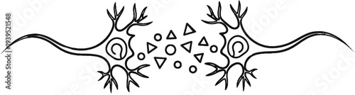 Abstract illustration of two interconnected neurons with geometric shapes between them