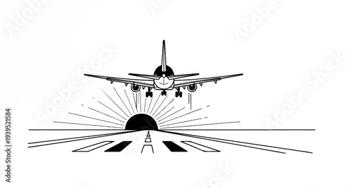 An airplane descends towards a runway with a rising sun behind it