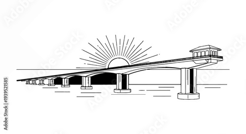 An artistic line drawing of a long, arched bridge with a sunburst behind it