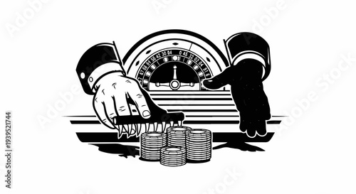 Two hands reaching for casino chips in front of a roulette wheel