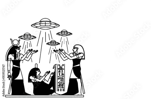 Ancient figures reaching up to flying saucers in a stylized Egyptian scene