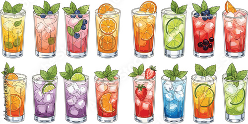 Set of Refreshing Summer Cocktails and Fruit Mocktails Featuring Mojitos, Iced Tea, Lemonade, Strawberry Spritz, Blueberry Soda, and Citrus Juices
