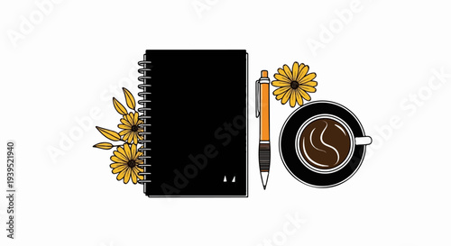 Black notebook, orange pen, coffee, and yellow flowers arranged on white