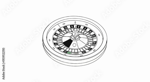 Detailed line drawing of a roulette wheel with numbered slots and a central mechanism