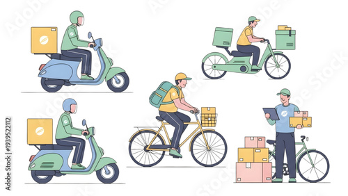 Delivery Service Couriers Using Scooter and Bicycle – Online Order Shipping and Food Delivery Concept, Transparent SVG Illustration