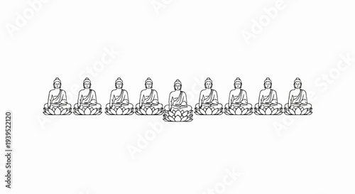 Eight seated meditative figures depicted in a row on lotus pedestals