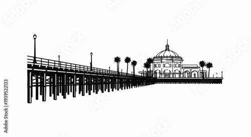 A black and white sketch of a pier with palm trees and a domed building