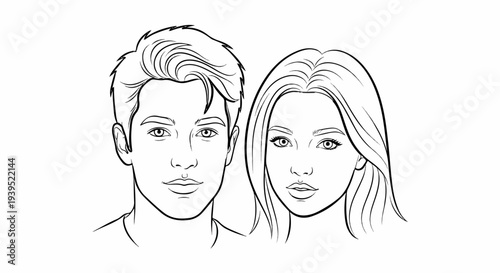 A black and white line drawing of a young man and woman's faces side by side