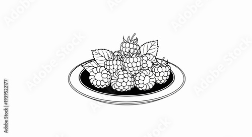 Black and white illustration of a pile of raspberries on a plate