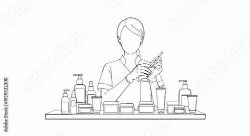 Line drawing of person with syringe, surrounded by skincare bottles and jars