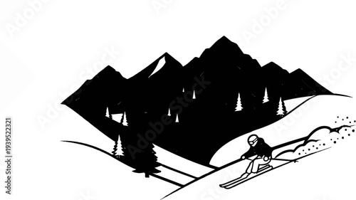Black and white sketch of a lone skier descending a snowy mountain slope